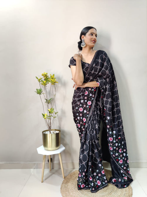 Premium Chinon Silk Embellished With Heavy Multi Colour Embroidery And Beautiful  Acko Sequins Work( Ready To Wear ) Saree