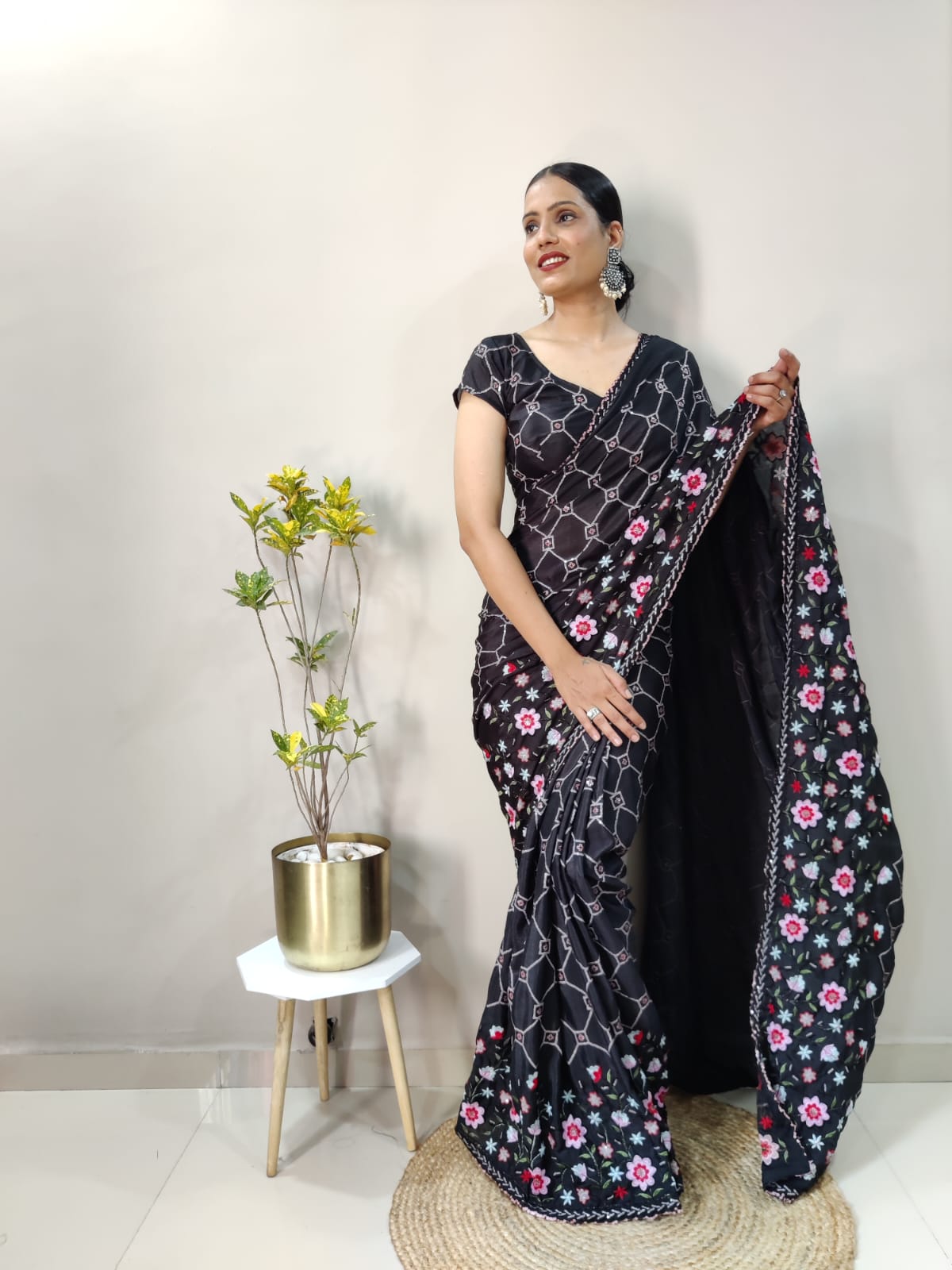 Premium Chinon Silk Embellished With Heavy Multi Colour Embroidery And Beautiful  Acko Sequins Work( Ready To Wear ) Saree