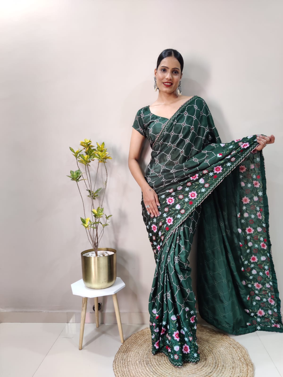 Premium Chinon Silk Embellished With Heavy Multi Colour Embroidery And Beautiful  Acko Sequins Work( Ready To Wear ) Saree