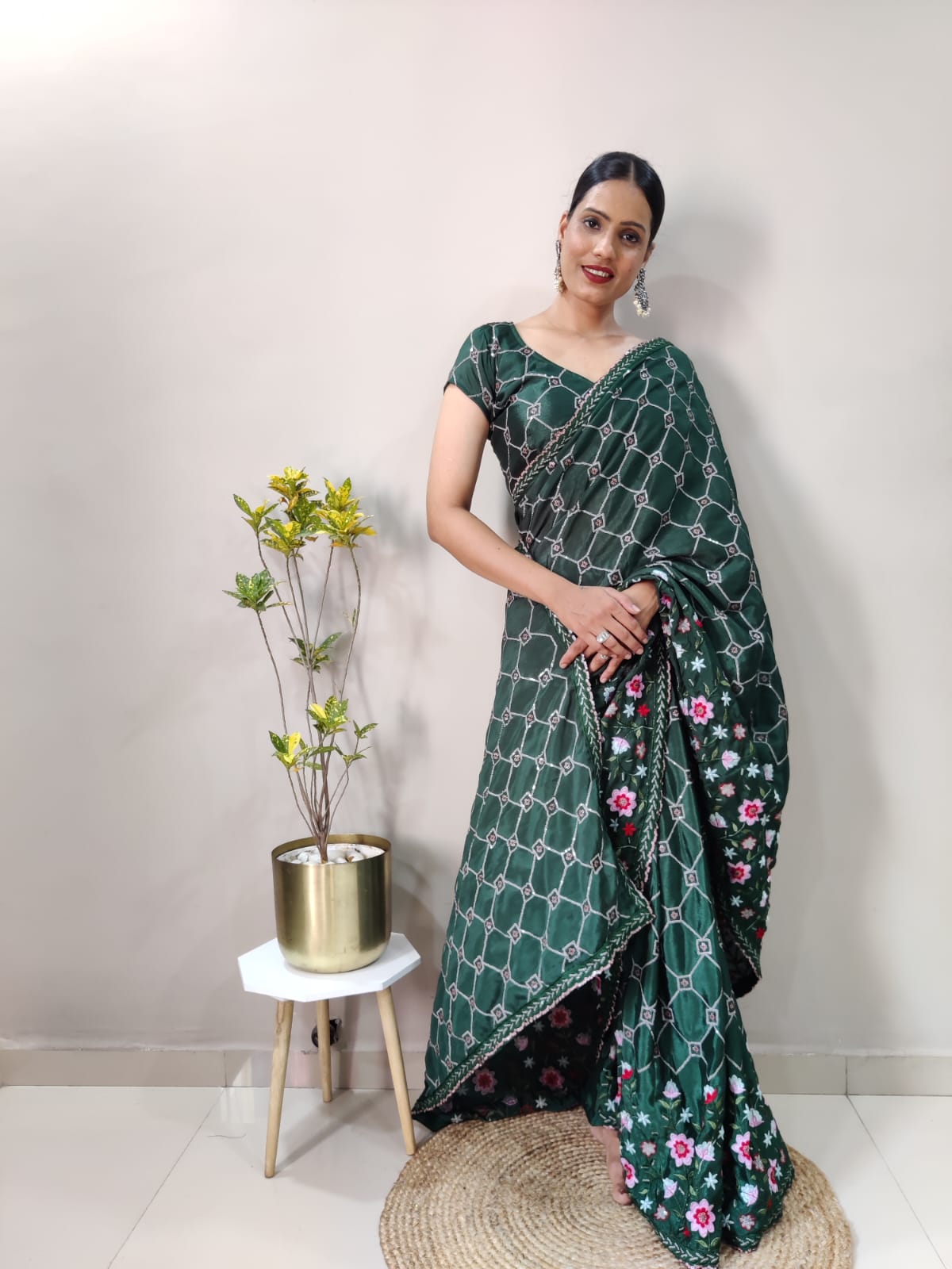 Premium Chinon Silk Embellished With Heavy Multi Colour Embroidery And Beautiful  Acko Sequins Work( Ready To Wear ) Saree