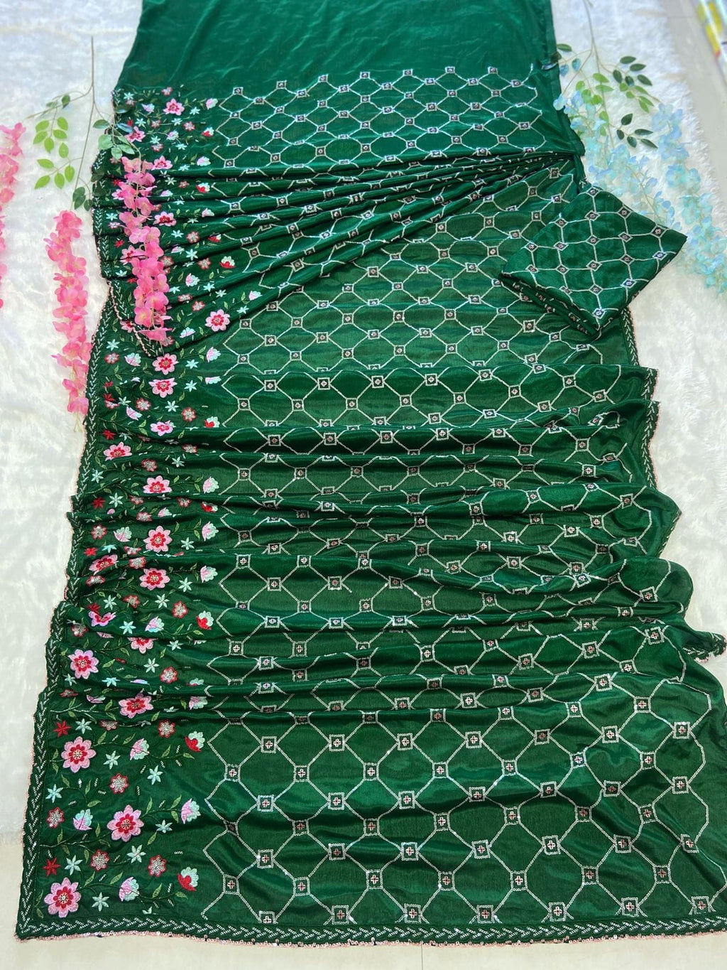 Premium Chinon Silk Embellished With Heavy Multi Colour Embroidery And Beautiful  Acko Sequins Work( Ready To Wear ) Saree