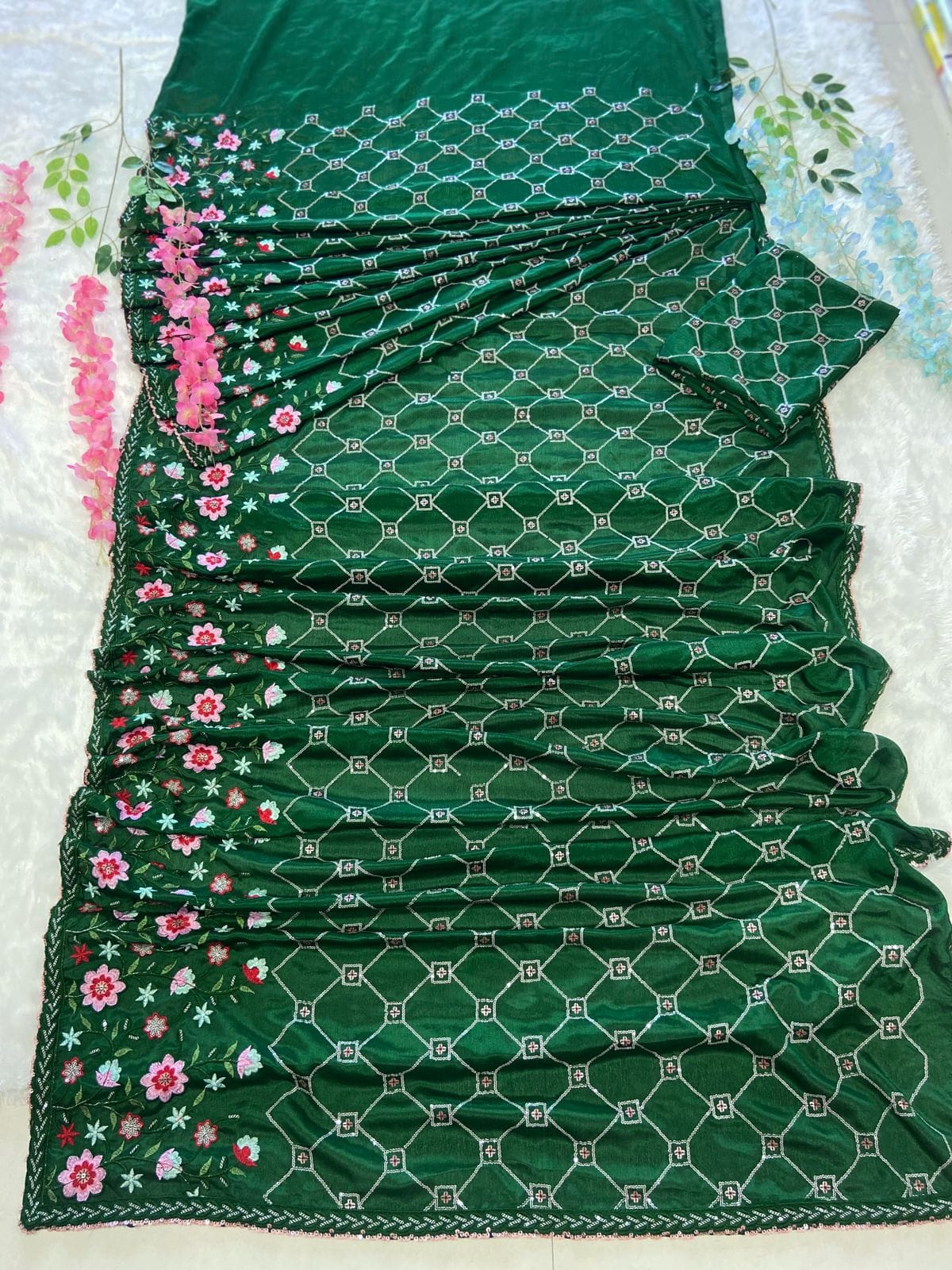 Premium Chinon Silk Embellished With Heavy Multi Colour Embroidery And Beautiful  Acko Sequins Work( Ready To Wear ) Saree