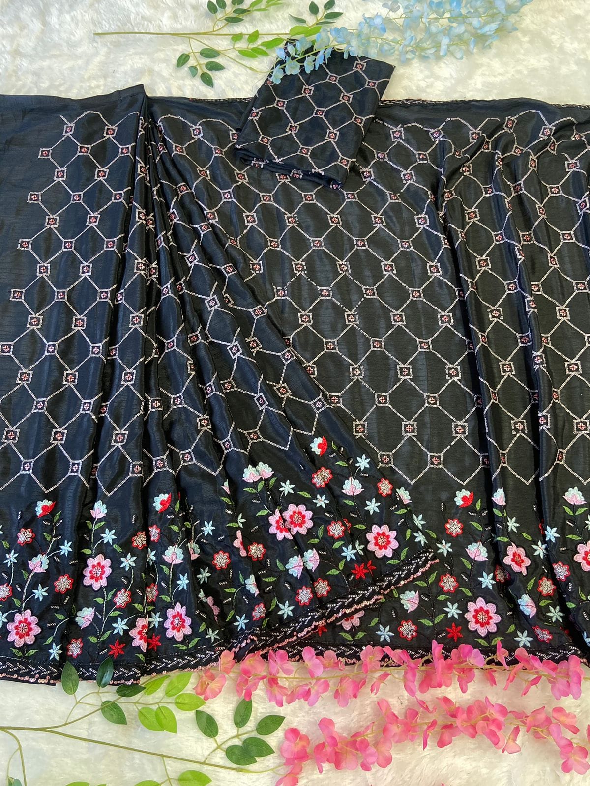 Premium Chinon Silk Embellished With Heavy Multi Colour Embroidery And Beautiful  Acko Sequins Work( Ready To Wear ) Saree