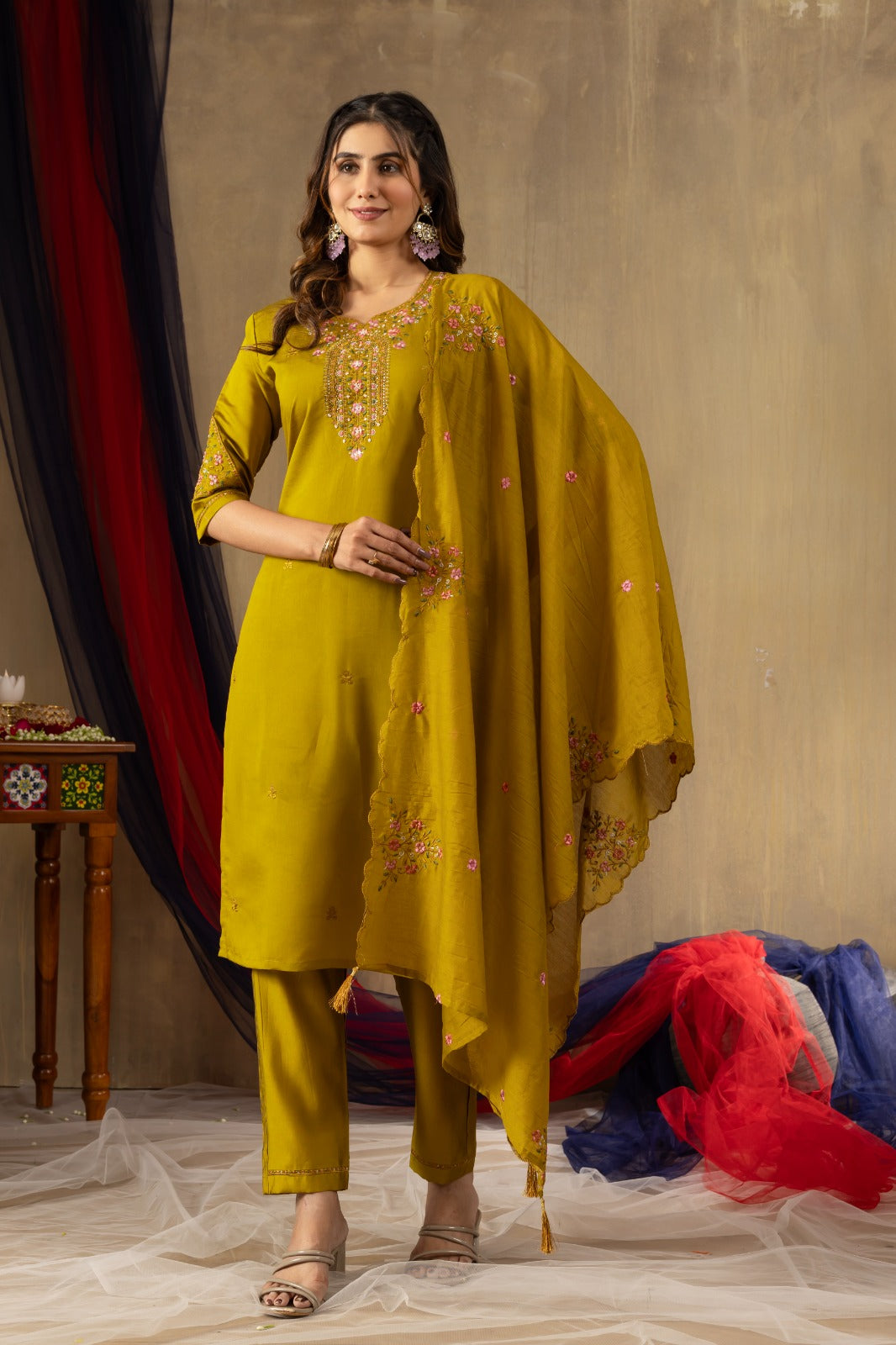 Mustard Color Roman Silk Embroidery Kurti