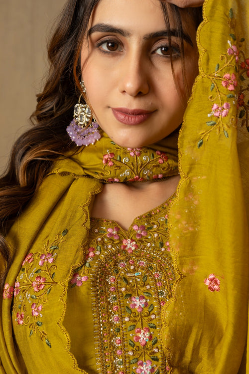 Mustard Color Roman Silk Embroidery Kurti