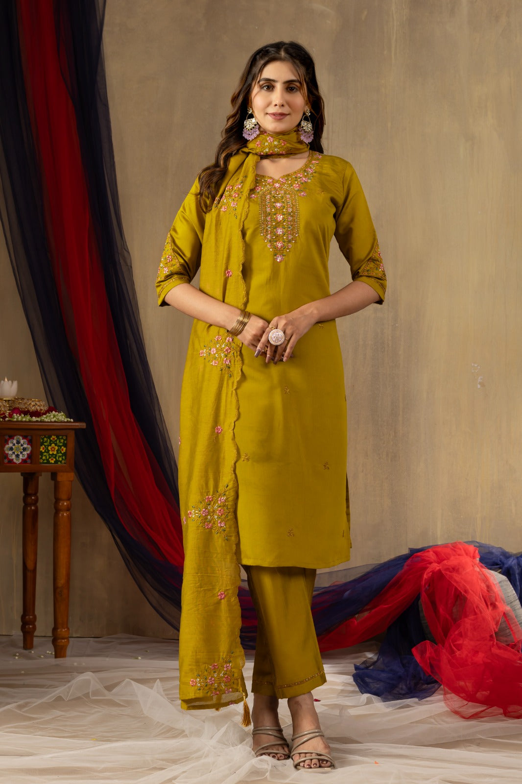 Mustard Color Roman Silk Embroidery Kurti