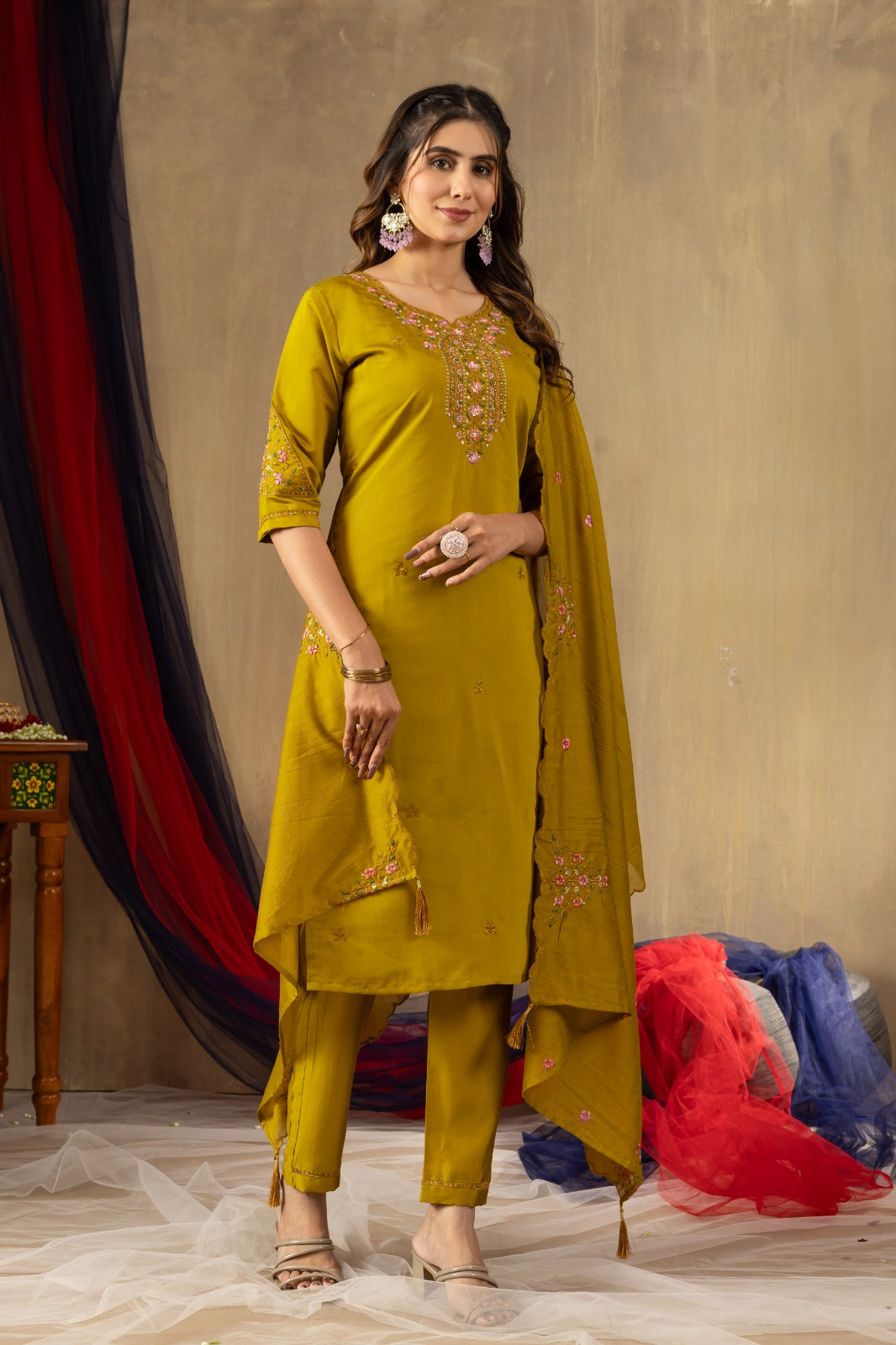 Mustard Color Roman Silk Embroidery Kurti