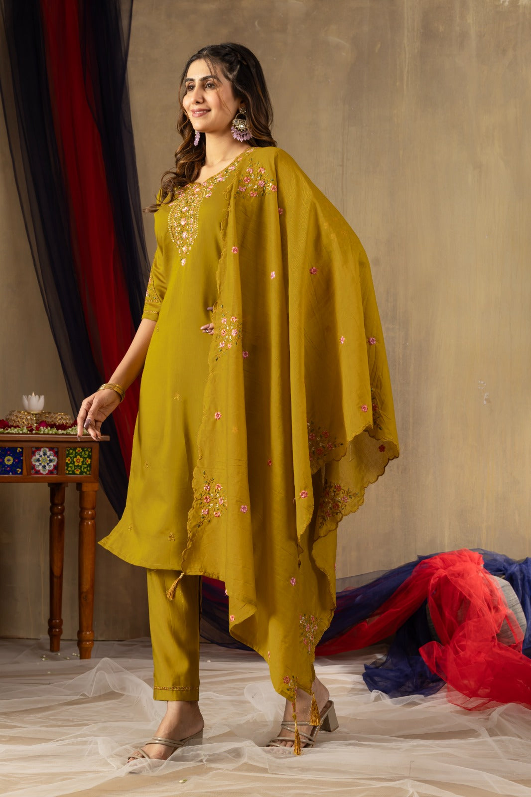 Mustard Color Roman Silk Embroidery Kurti