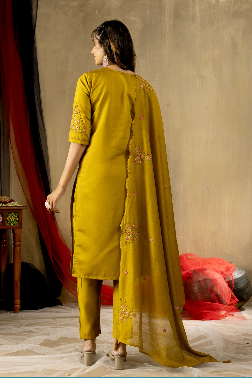 Mustard Color Roman Silk Embroidery Kurti