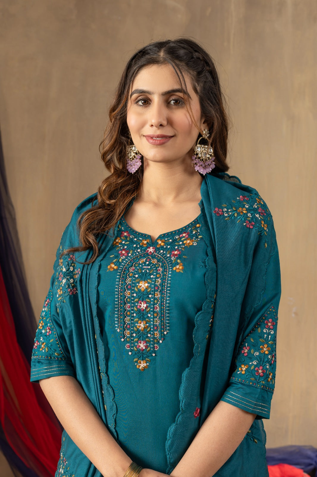 Roman Silk Embroidery Wine Kurti
