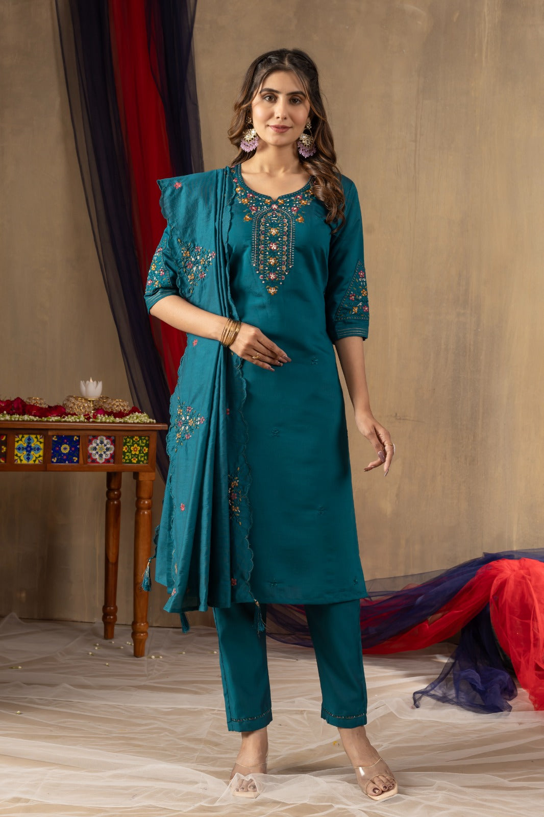 Roman Silk Embroidery Wine Kurti