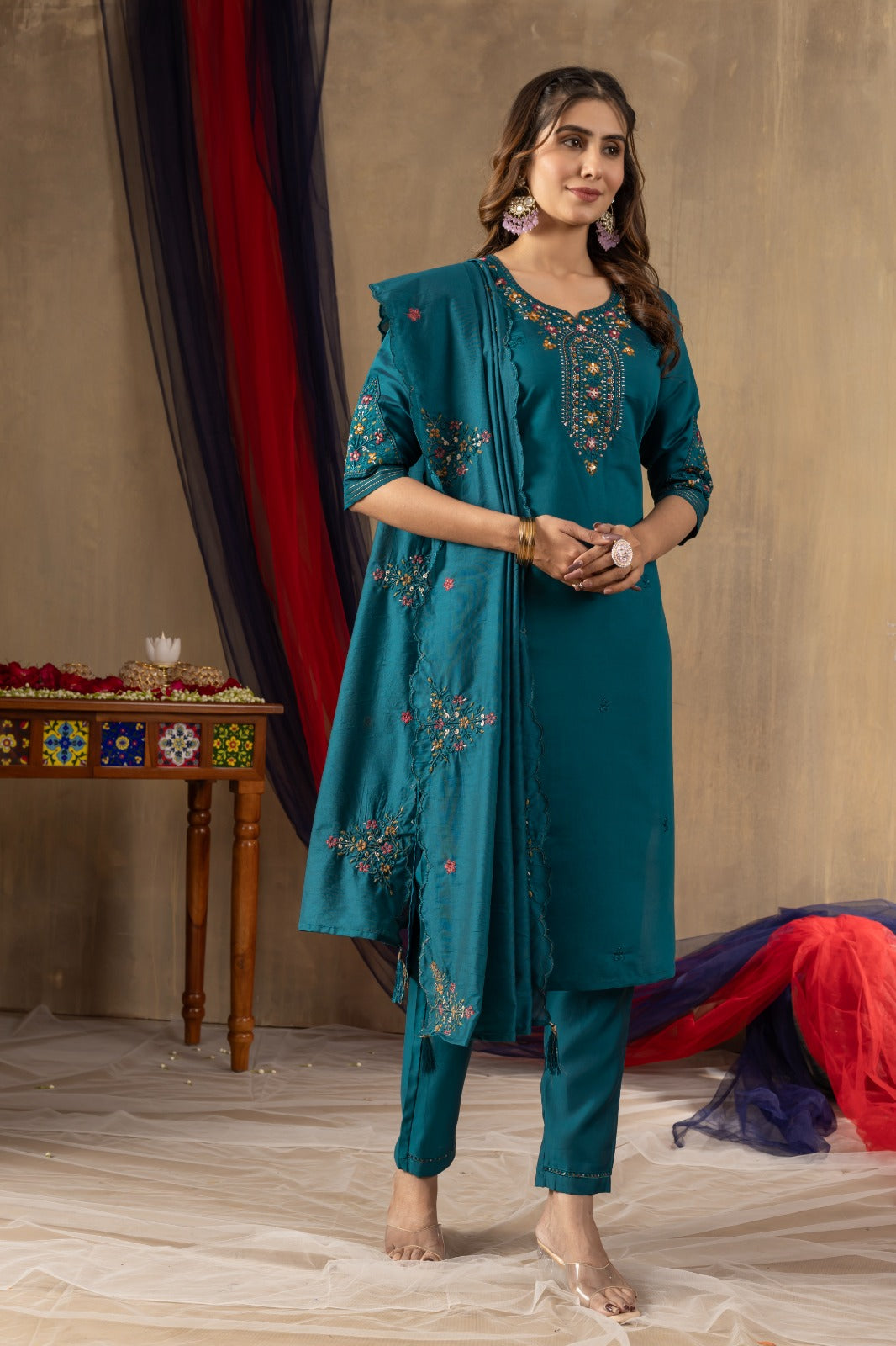 Roman Silk Embroidery Wine Kurti