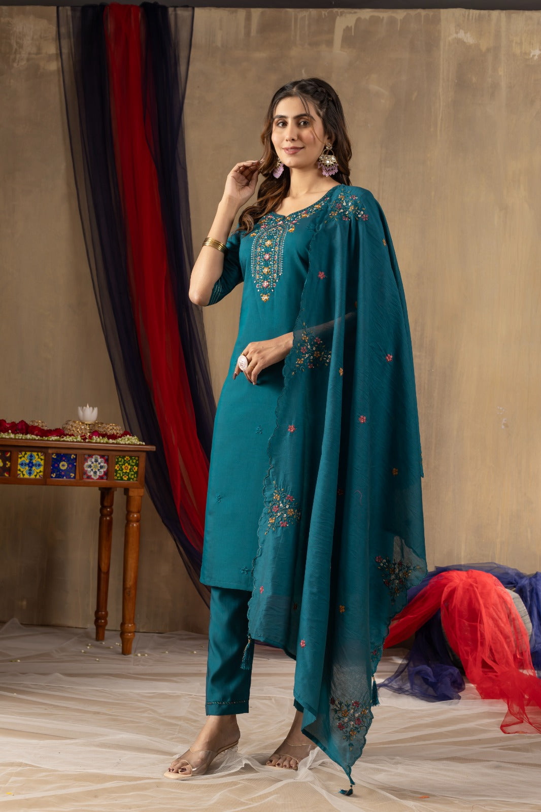 Roman Silk Embroidery Wine Kurti