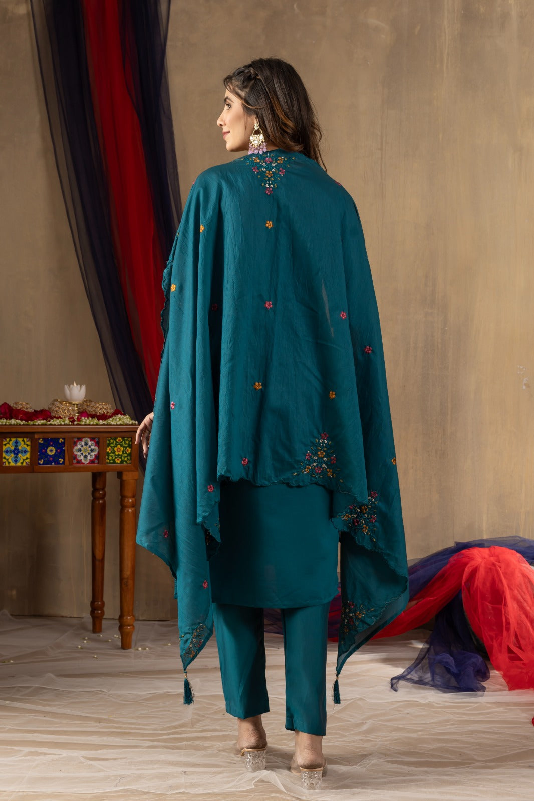 Roman Silk Embroidery Wine Kurti