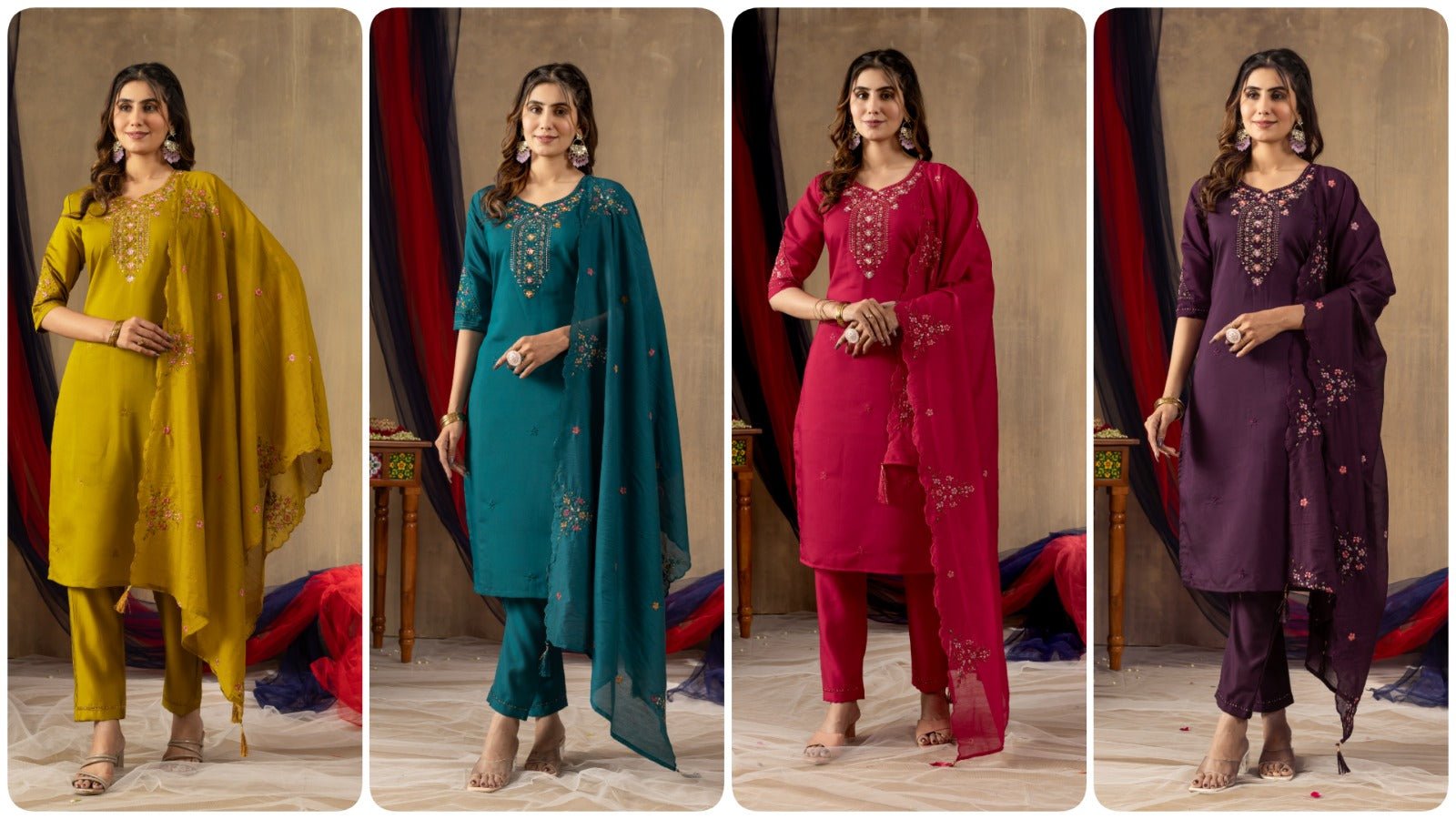 Mustard Color Roman Silk Embroidery Kurti